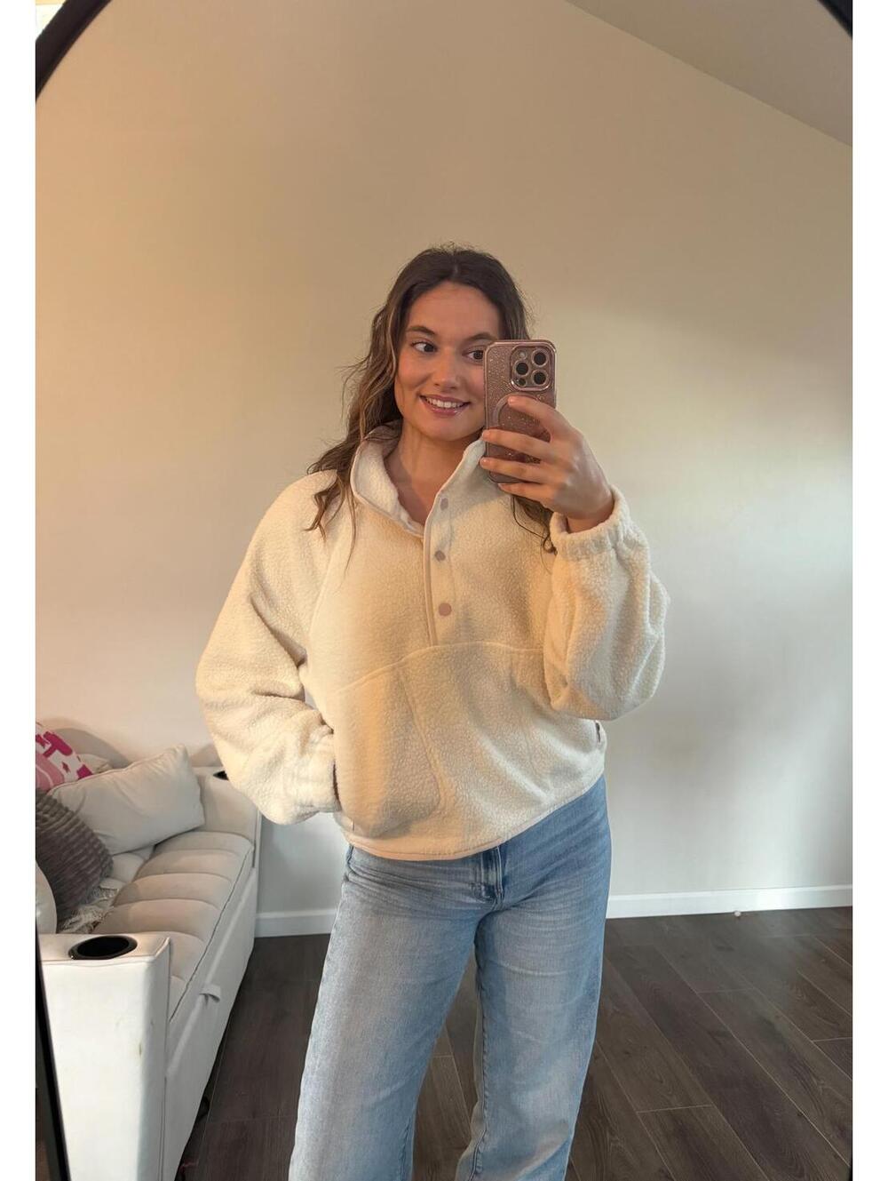Ivory/Pink FLEECE BUTTON FRONT SIDE POCKET LONG SLEEVE TOP